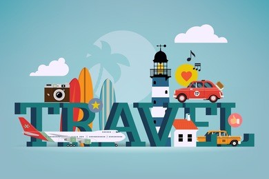 vector cool detailed flat horizontal web banner or site page header image template on best summer travel, touristic destinations, water activities with surf boards, lighthouse, air plane, retro camera