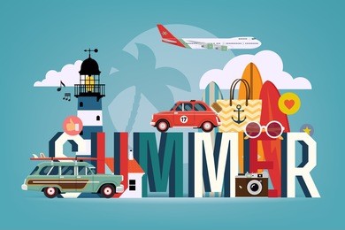 vector cool colorful flat horizontal web banner or site page header image template on summer season, touristic destinations, water activities with surf boards, lighthouse, air plane, retro camera