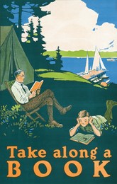 take along a book (1910) camping poster by magnus norstad. a man and boy reading books, camping in nature. vintage art of father and son drawing illustration, old reading in nature painting art print.