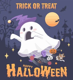 happy halloween illustration with trick or treat text and ghost character