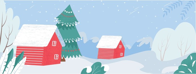 winter christmas landscape vector background with snow covered hills, houses, forest. christmas holidays vector illustration. winter banner with country village houses. nature scene of countryside.