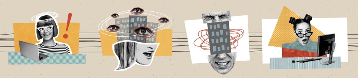 multiple panorama collage of amazed woman girl using netbook for searching new rent home