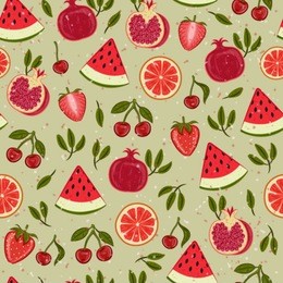 beautiful seamless vector pattern with fruits and leaves (pomegranate, watermelon, grapefruit and cherry)