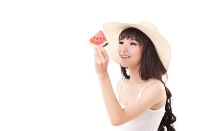 happy woman hand holding watermelon, summer time concept