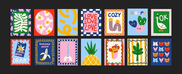 abstract bright posters in minimalist style. wall decor, trendy banners of summer, fruits, plants, cocktails in the cartoon style of matisse. decor of wallpaper, walls, print and postcards