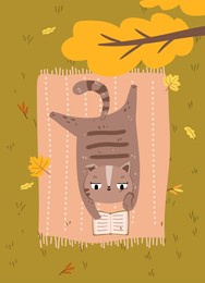 cute cat reading outdoors. autumn park activity concept. hand drawn flat illustration.