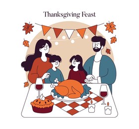 thanksgiving day concept. a family gathers around a table filled with a festive turkey, sharing a moment of gratitude. autumn leaves and decorations enhance the homely scene. vector illustration.