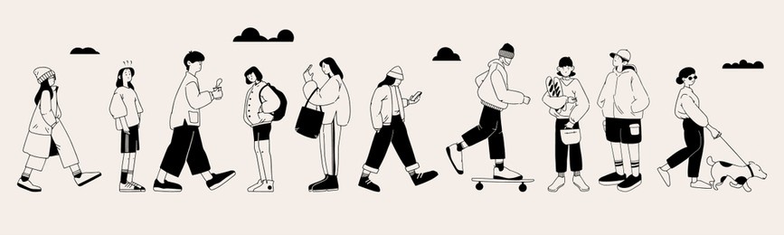 crowd of young people, men and women, going about their business. trendy vector illustration.