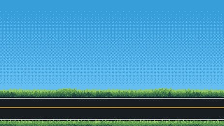 pixel art racing game level background, pixel retro design, 8 bit image, 2d racing track, grass and blue sky, race arcade vector illustration