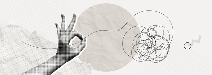 trendy halftone collage simplify complex process. hand untangle messy line. tangle chaos. easy solution. mental problem. brain imagination. contemporary vector illustration art