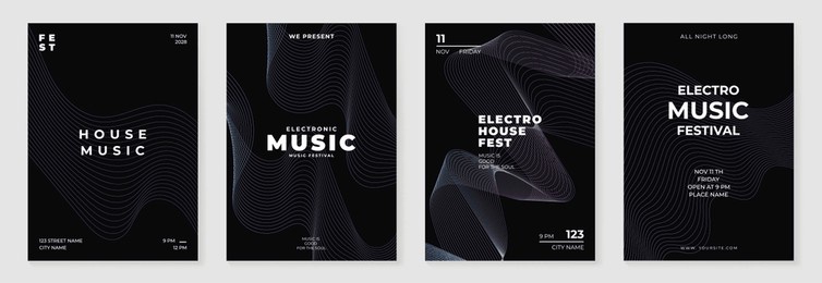 music poster design background vector set. electro sound cover template with vibrant abstract gradient geometric shape and line wave. ideal design for social media, flyer, party, music festival, club.