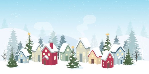 winter background vector. christmas and happy new year season with house, pine tree and snowfall. background design for invitation, cards, social post, cover, sale banner, ads.