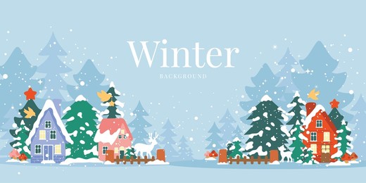 winter background vector. christmas and happy new year season with house, pine tree, reindeer and snowfall. background design for invitation, cards, social post, cover, sale banner, ads.