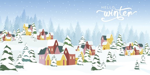 winter background vector. christmas and happy new year season with house, pine tree and snowfall. background design for invitation, cards, social post, cover, sale banner, ads.