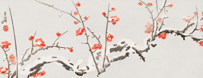 flowering plums in snow (1818–1829) vintage japanese painting by yamaoka geppo. beautiful vintage japanese floral art drawing illustration, old floral painting flowers art print.