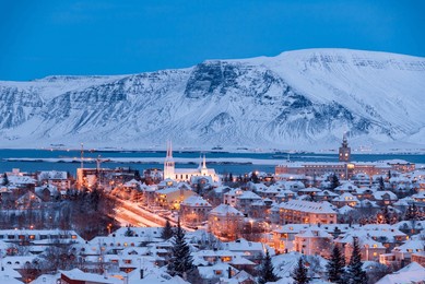 reykjavik, capital city in iceland in winter at evening
