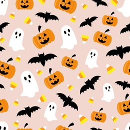 vector seamless halloween pattern with orange pumpkins, bats, ghosts and candies