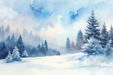 a painting of a snowy forest with trees and a sky. the mood of the painting is peaceful and serene
