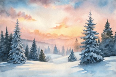 a painting of a snowy landscape with a few trees in the foreground. the sky is pink and orange, creating a warm and peaceful atmosphere