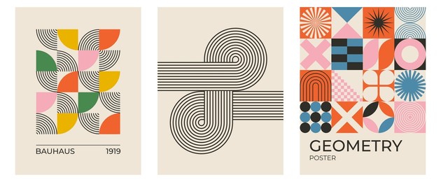 set of trendy modern abstract geometric bauhaus vector posters with circle, square line shape. minimalistic print for wall art decoration, postcard or brochure cover design in retro style art.