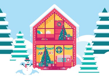 winter landscape with snow-covered fir trees, snowman, modern house with cozy festive interior, decorated fir trees, gifts. background, postcard, congratulations, banner