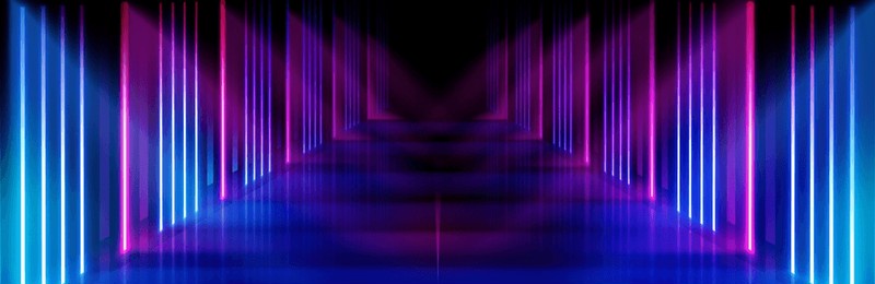 neon light corridor background. abstract led and laser stage in futuristic club room. empty dance concert hall for fashion party. cyber interior bg with catwalk and glow line in pink and blue.