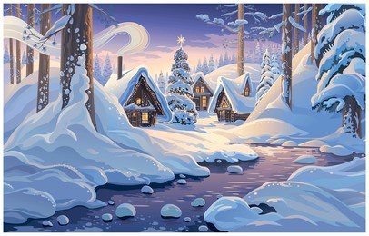 winter fairy tale landscape, with houses and festive christmas fir tree, in a winter snowy forest. vector illustration.