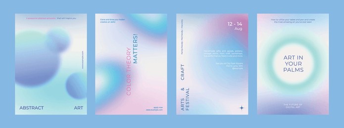 art and design gradient poster template vector set. set of in various designs. poster gradient design vector set. aesthetic pastel holographic poster design set. pastel holographic gradient poster