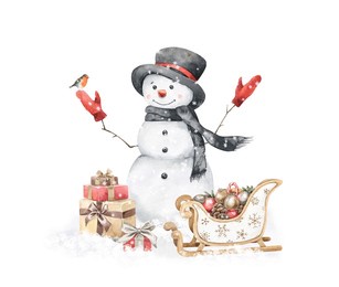 a cute watercolor snowman in a black hat and scarf with a robin bird, gifts and a sleigh full of christmas toys. hand drawn isolated illustration. holiday design for cards, prints, scrapbooking