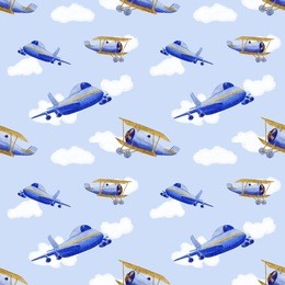 seamless pattern with airplanes, watercolor illustration