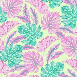 vector seamless tropical leaves pattern. vintage detailed monstera leaves illustration in gentle colors.