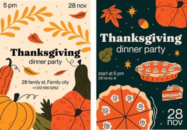 thanksgiving dinner party flyer collection. autumn vector illustration set for holiday celebration with pumpkin pie, fall leaves. design concept, social media post, banner templates, invitations