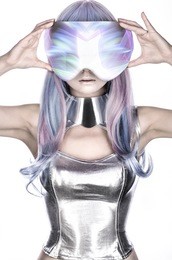 alien woman in silver futuristic costume