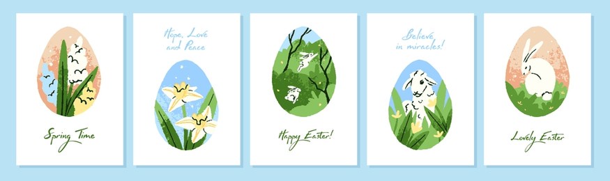 set of designs for happy easter postcards. cute drawing patterns on egg on festive cards for religious holiday. traditional spring symbols. flat isolated vector illustrations on white background
