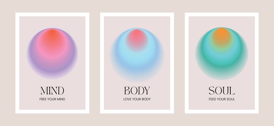 spiritual poster set: mind, body, soul harmony. round aura gradient and positive, inspirational quotes. personal growth and self-love prints.