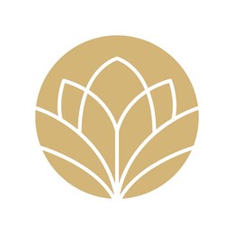 vector simple lotus flower logo white line on beige background. template elegant element in trendy linear style. abstract emblem for floral shops or studios, wedding florists, creators of custom