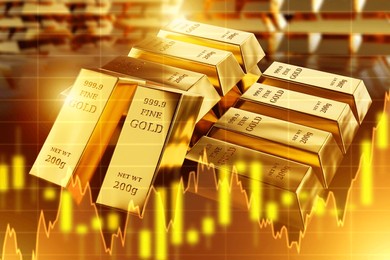 gold bars. growth rate in prices for precious metals. golden background. gold bars with markings. growth in investment income. pure 999 gold. golden backdrop. investments, trading. 3d image
