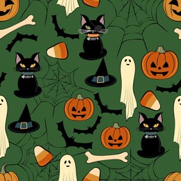 seamless halloween pattern with ghosts, cobwebs, haunted house, old tree, bones, sweets, black cat, and witch hat. perfect for wrapping paper, fabric, stationery, home decor, and spooky crafts.