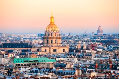 view of les invalides and the pantheon at sunset, paris,  france.