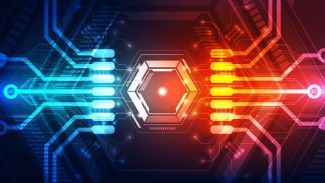 abstract technology chip processor background circuit board and code, illustration blue technology background vector.