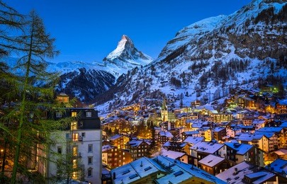 aerial view on zermatt valley and matterhorn peak at dawn, switzerland