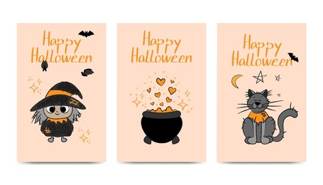 halloween holiday vector cards with cute witch, stars, potion pot, cat. vector illustrations for posters, flyers and social networks.