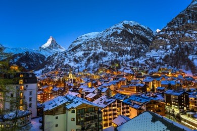 aerial view on zermatt valley and matterhorn peak at dawn, switzerland