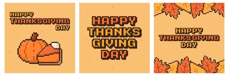 set of thanksgiving greeting cards in pixel art style, social media post, celebration postcard, 90s, 80s, retro, nostalgia, pumpkin, pie, leaf, old arcade game style, vector illustration