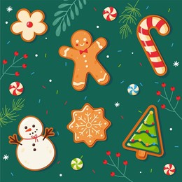 gingerbread cookies and christmas cookies set isolataden on white. christmas classic biscuit. cute ginger bread men, tree, snowman, snowflake. sweet dessert. christmas background with gingerbread.