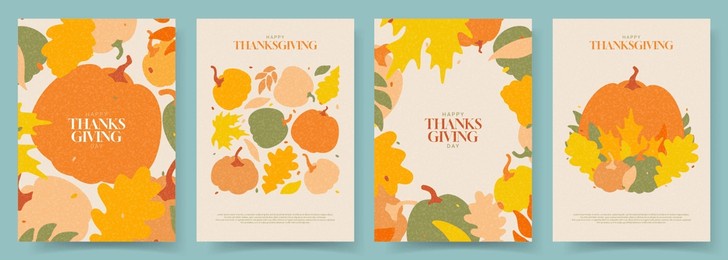 happy thanksgiving day posters. trendy thanksgiving day posters with pumpkins and fall foliage - horizontal background perfect for social media, greeting cards, promotion and advertising.