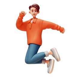 full length handsome cute kawaii excited asian smiling guy, casual fashion clothes, red sweater, blue pants, grey sneakers in jumping victory pose floating in air. 3d render isolated on white backdrop