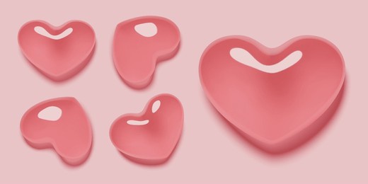 glass hearts 3d realistic shapes set. pink love bubbles with shadow. valentine's day vector design elements.