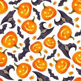 halloween seamless pattern with jack-o-lanterns, bats, witches hats, and candy corn on white. vector season print. hand-drawn illustration, not ai