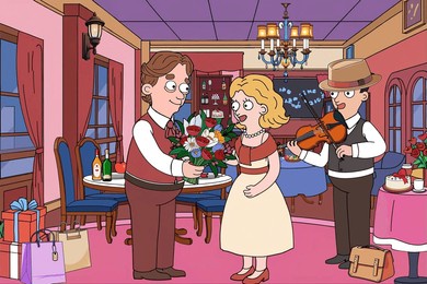 young couple celebrating their wedding anniversary at a music restaurant, cartoon style, sketch